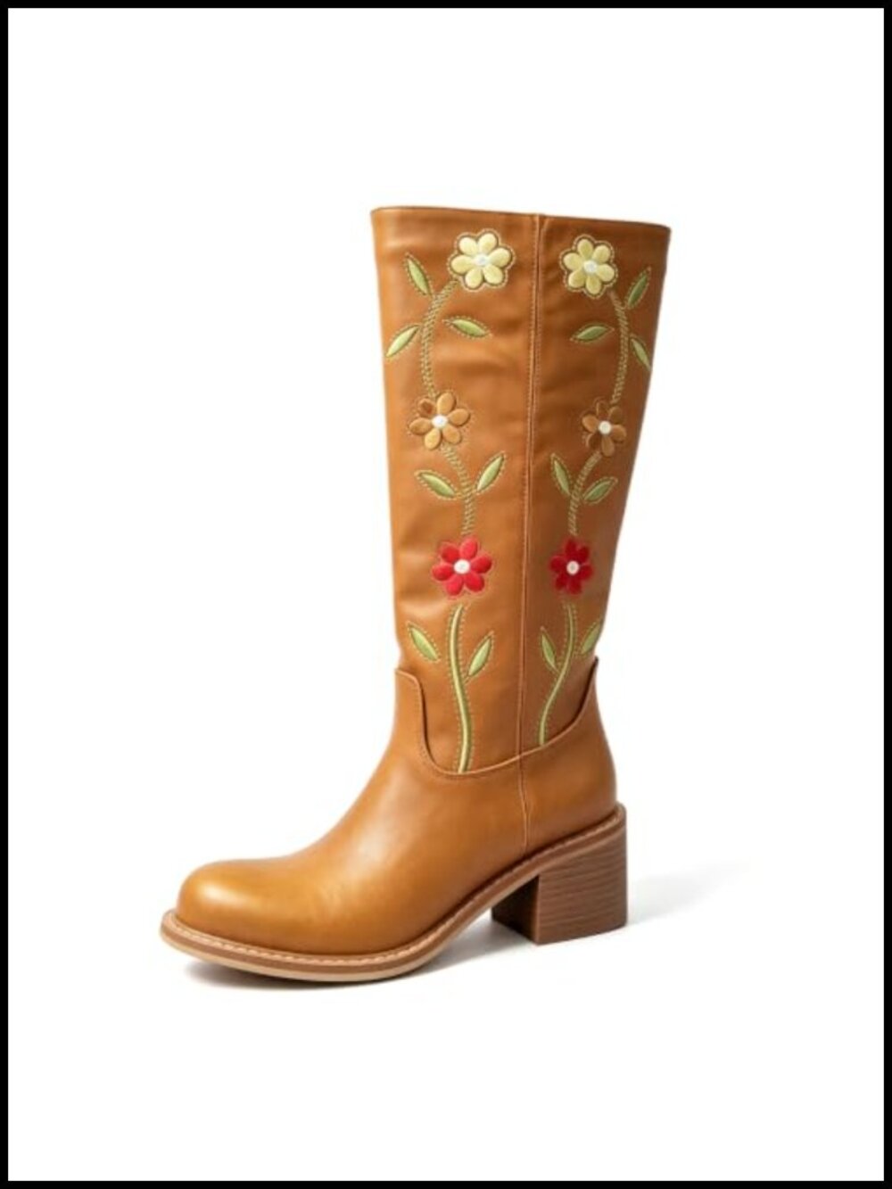 Women's Floral Embroidered Western Cowboy Boots Mid-Calf Square Heel